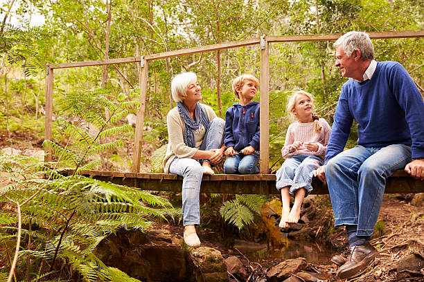 Grandparents sitting with grandkids on a bridge 