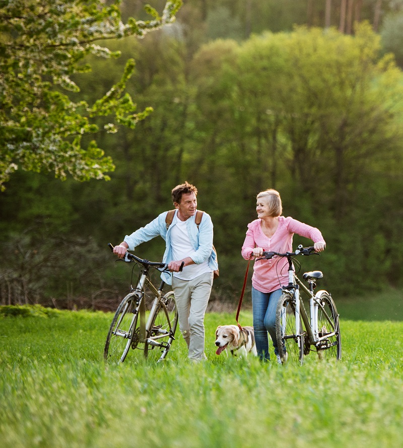 Senior couple waking bicycles across a meadow