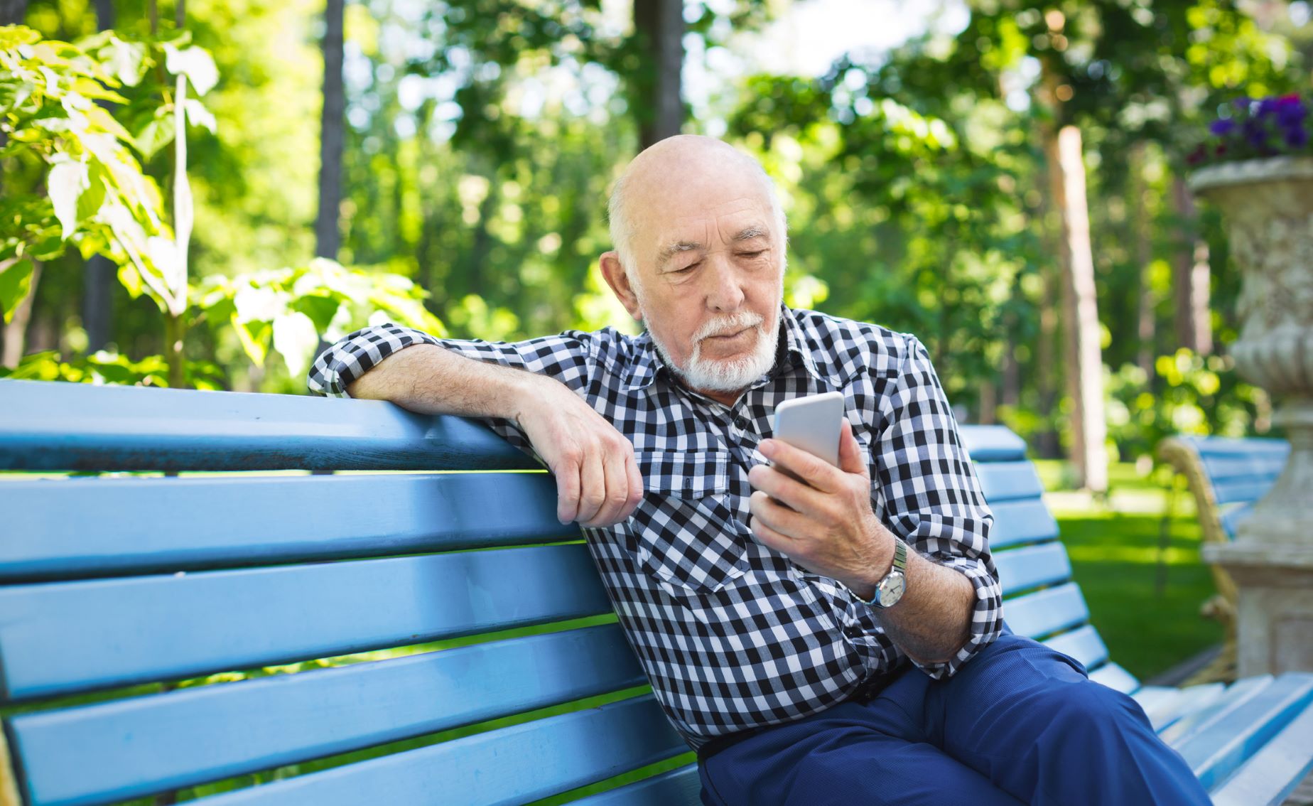 Senior man reading email on his phone while sitting on a park bench